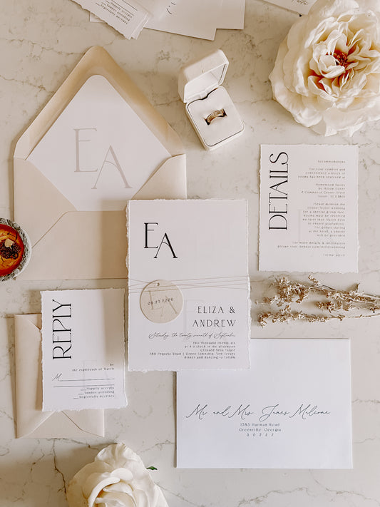 Modern Wedding Invitation with Monogram Tag