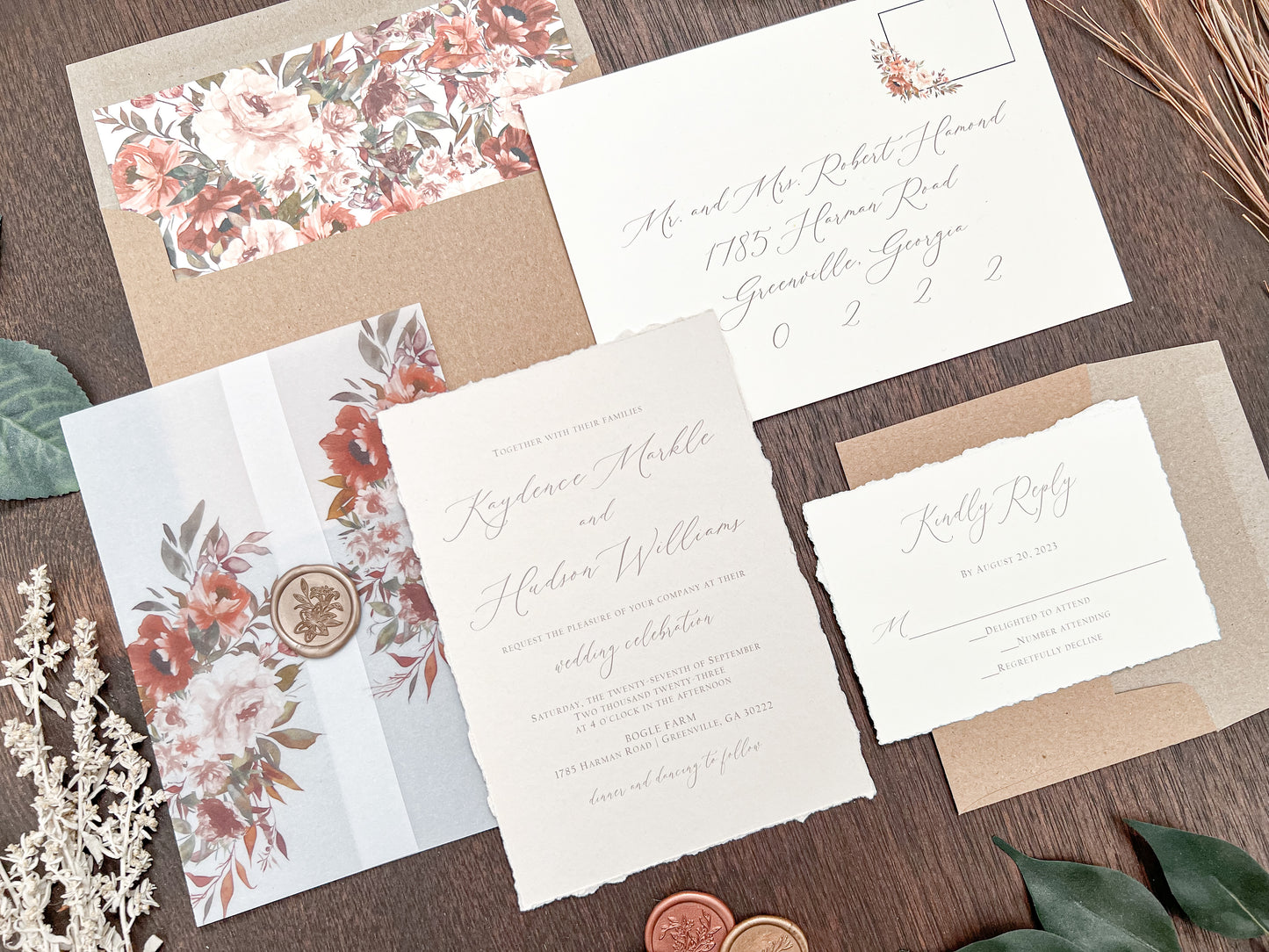 Boho Fall Floral Wedding Invitation with Deckled Edging, Vellum & Wax Seal