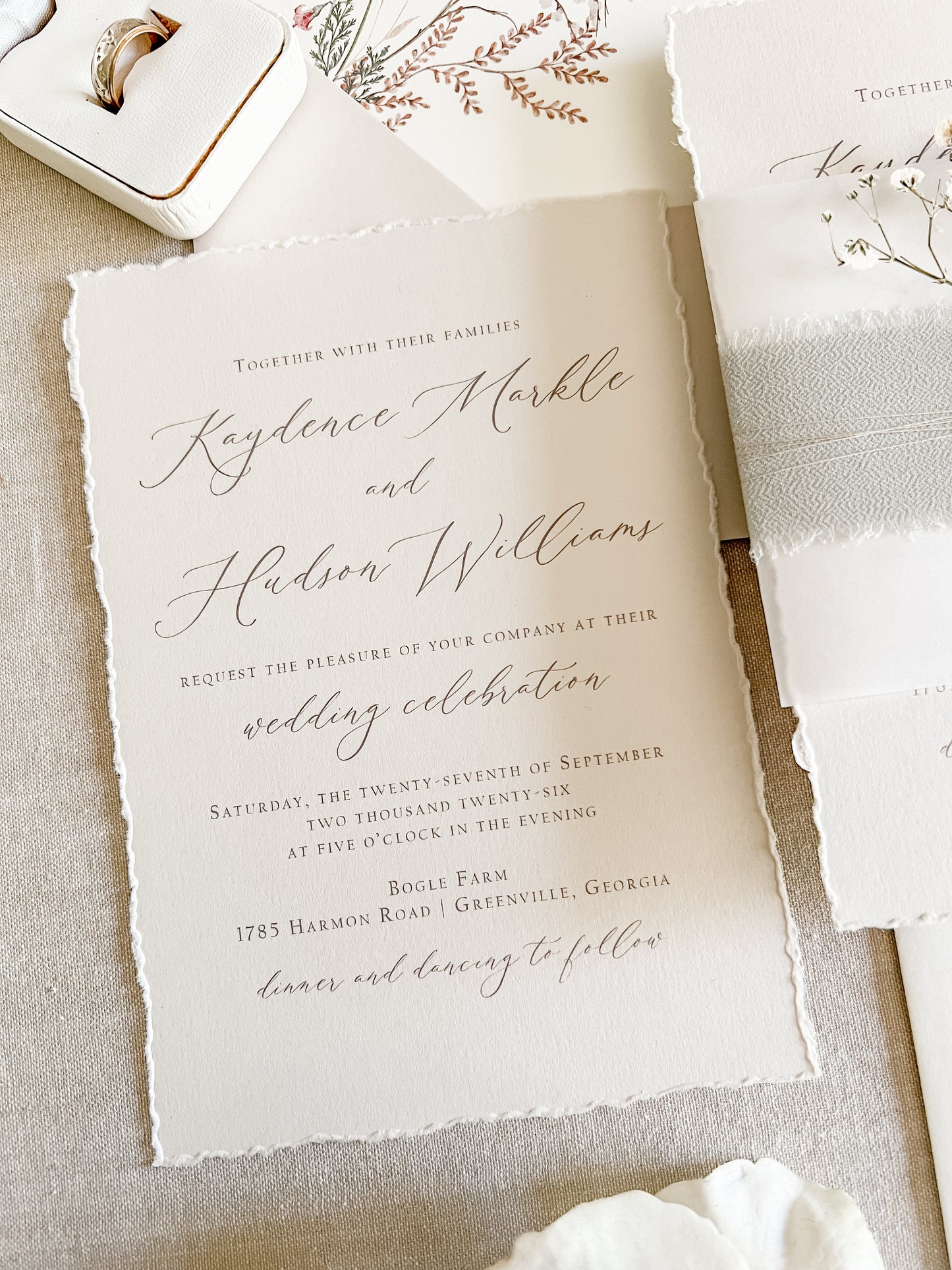 Muted Sage Green Wedding Invitation with Deckled Edging, Vellum, Ribbon, Baby’s Breath and Wax Seal