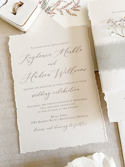 Muted Sage Green Wedding Invitation with Deckled Edging, Vellum, Ribbon, Baby’s Breath and Wax Seal