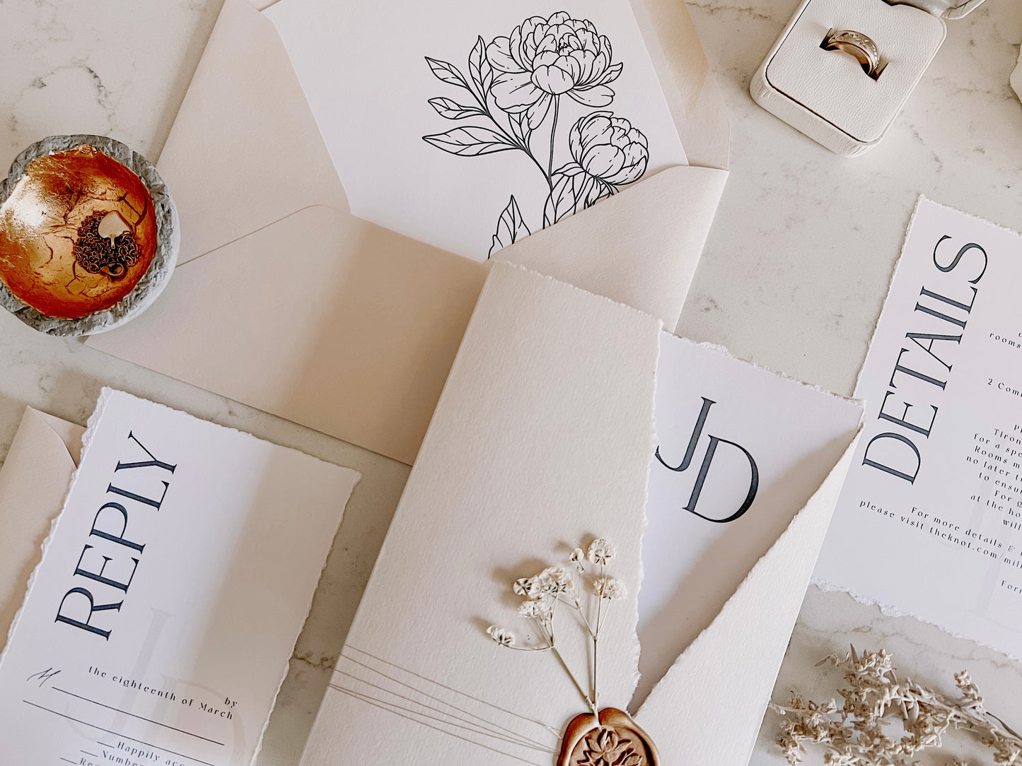 Trifold Monogram Wedding Invitation with Baby’s Breath, Wrap & Wax seal