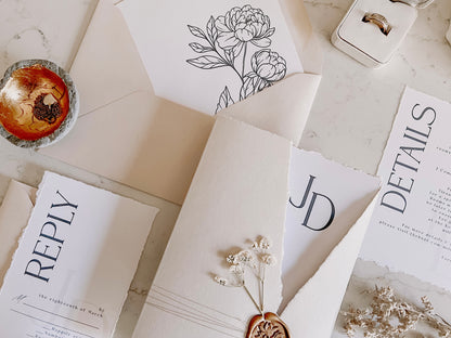 Trifold Monogram Wedding Invitation with Baby’s Breath, Wrap & Wax seal