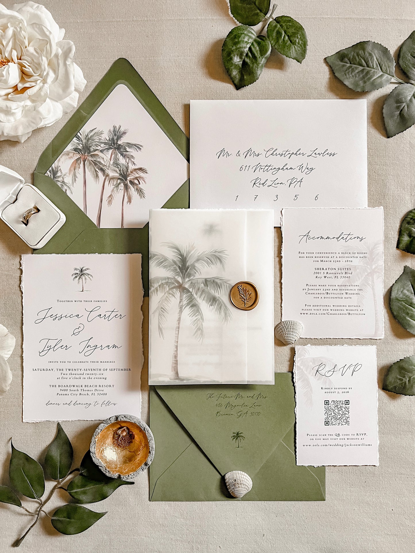 Tropical Wedding Invitation with Palm Tree, Vellum & Wax Seal