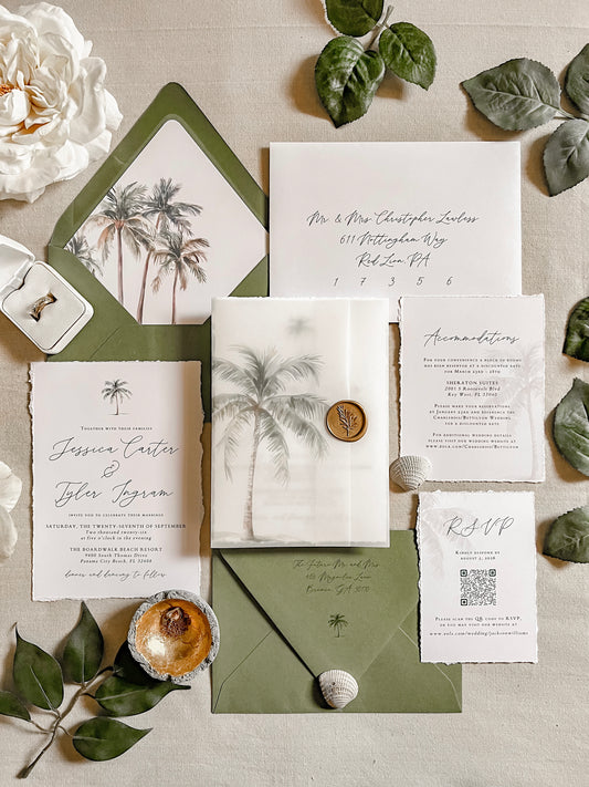 Tropical Wedding Invitation with Palm Tree, Vellum & Wax Seal