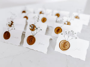 Folding Tent Wedding Place Cards with Baby’s Breath, Wax Seal and Deckled Edging