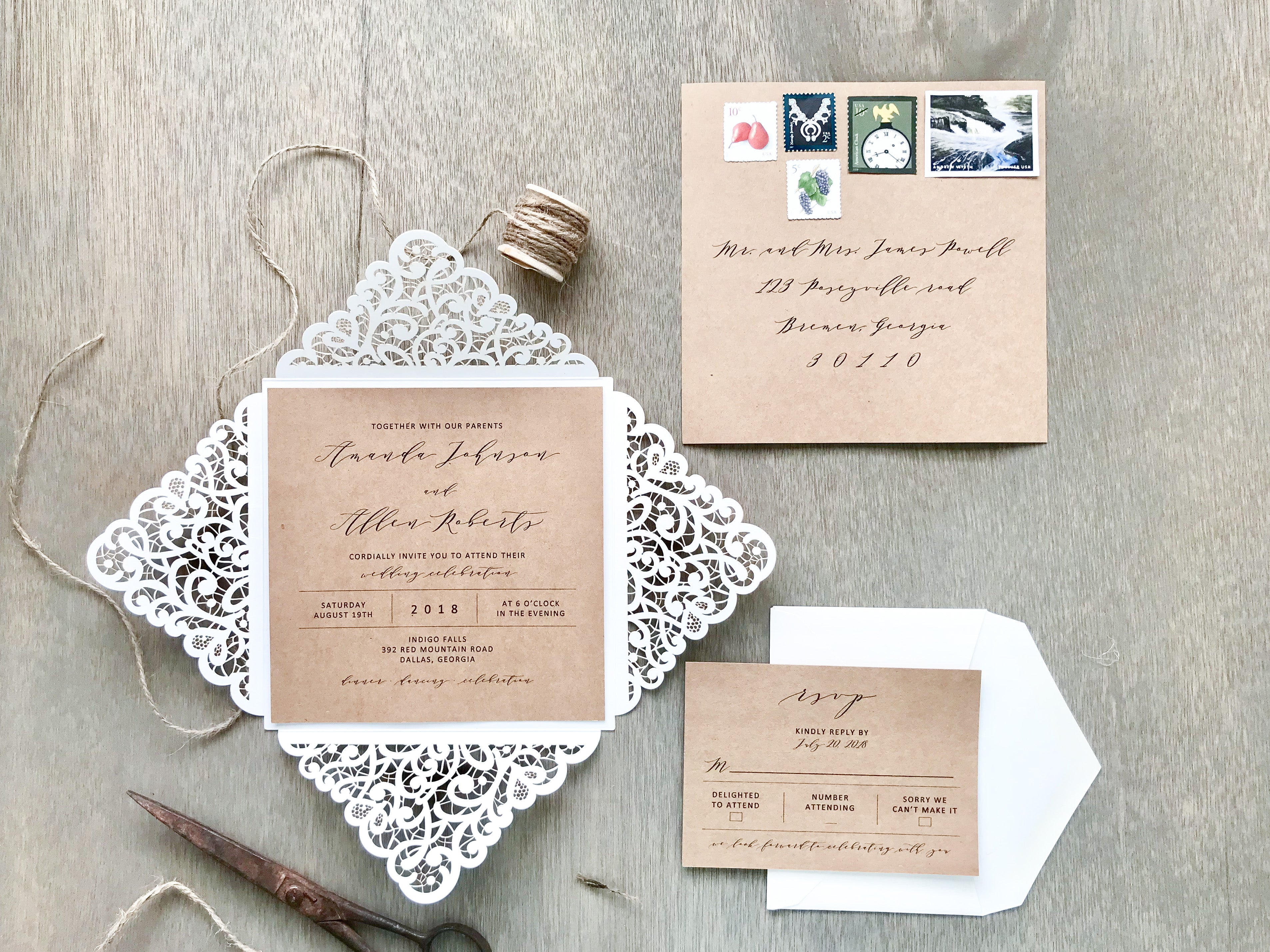 Rustic Laser Cut Wedding Invitation with Twine