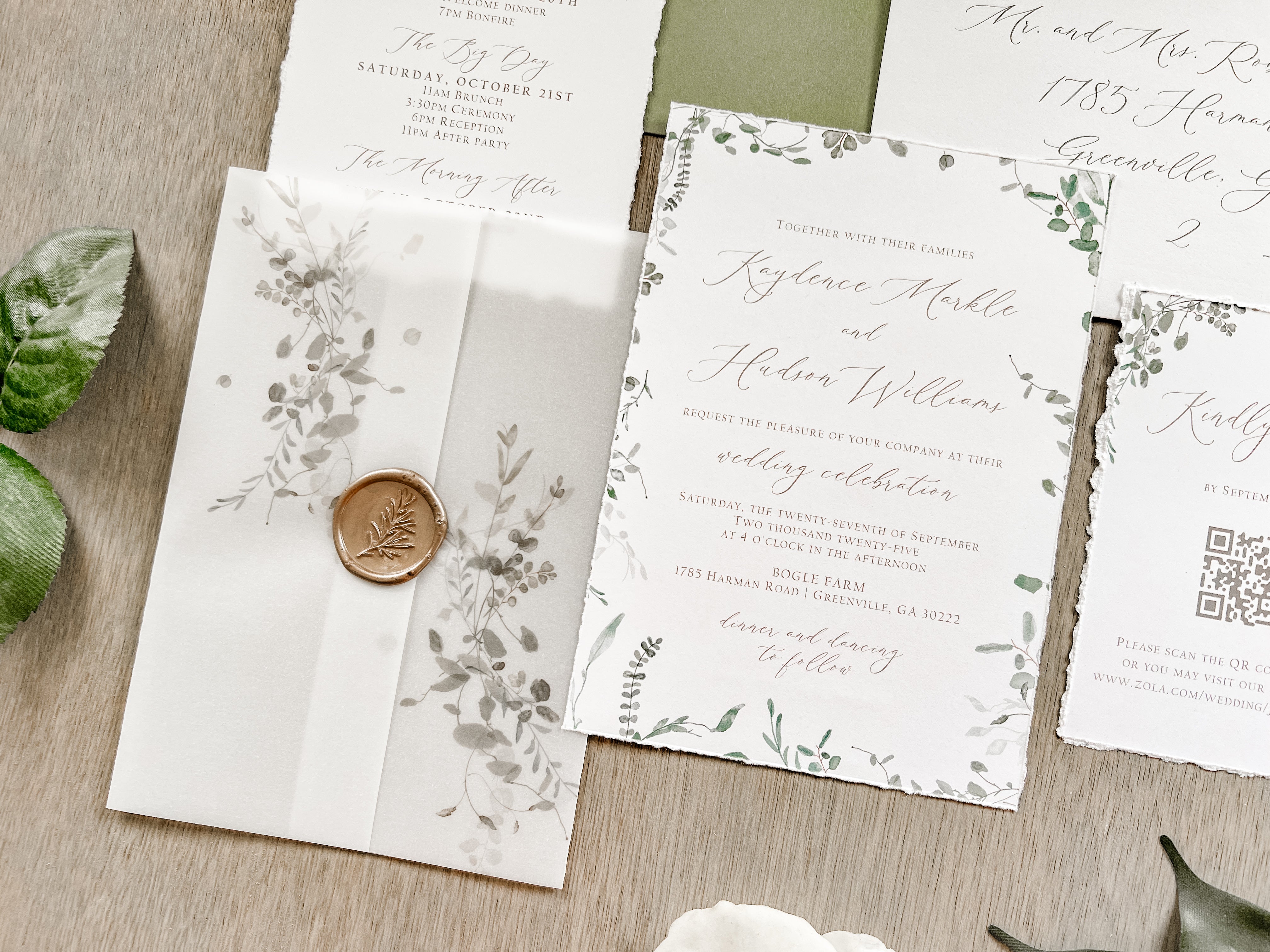 Simple Greenery Wedding Invitation with Eucalyptus, Deckled Edging, Vellum & Wax Seal