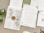 Simple Greenery Wedding Invitation with Eucalyptus, Deckled Edging, Vellum & Wax Seal