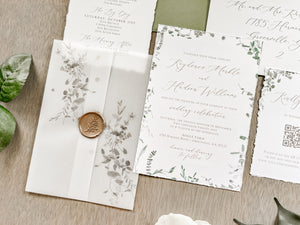 Simple Greenery Wedding Invitation with Eucalyptus, Deckled Edging, Vellum & Wax Seal