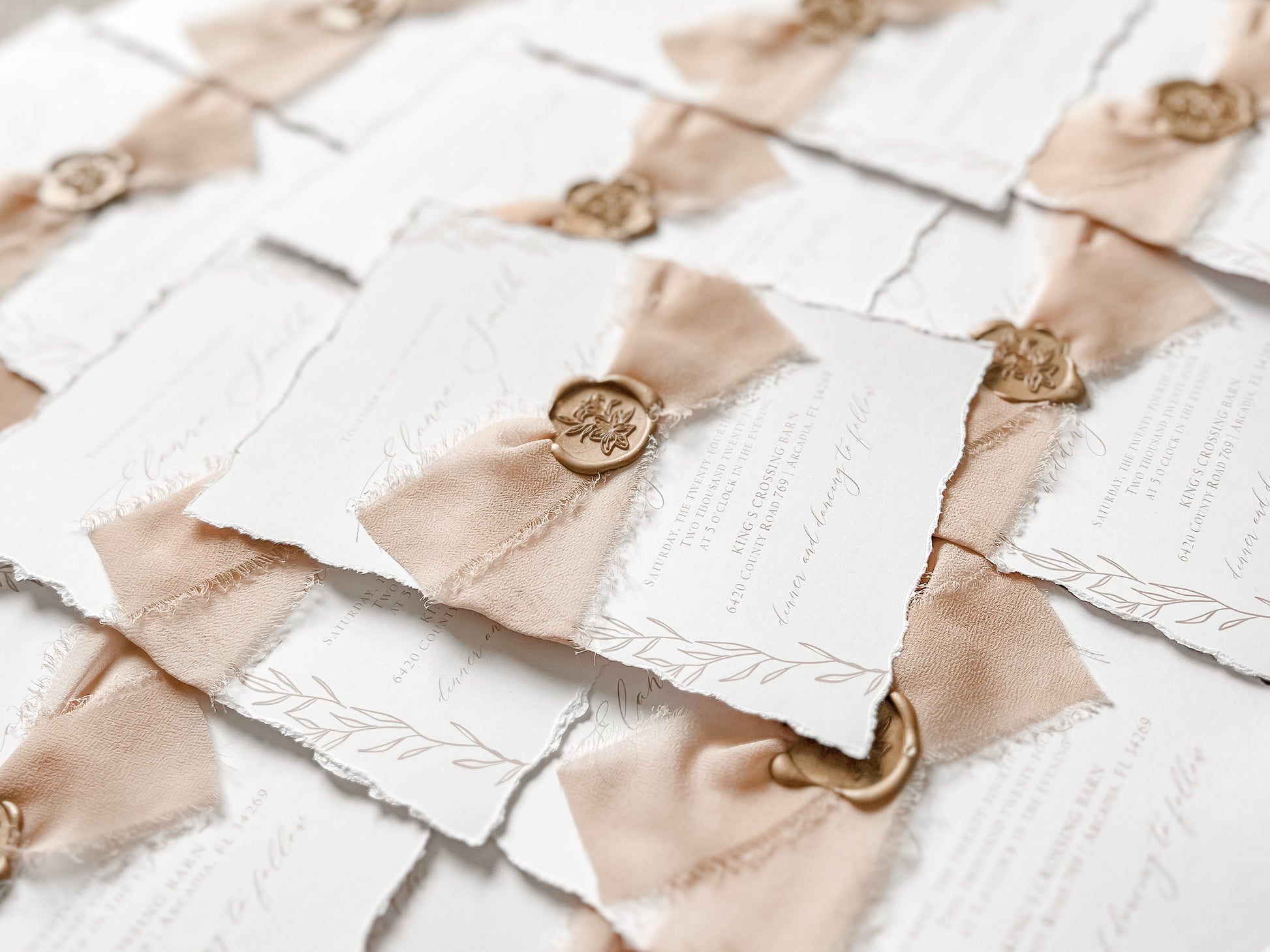 Light Brown Ribbon Wedding Invitation with Deckled Edging, Chiffon Ribbon & Antique Gold Wax Seal