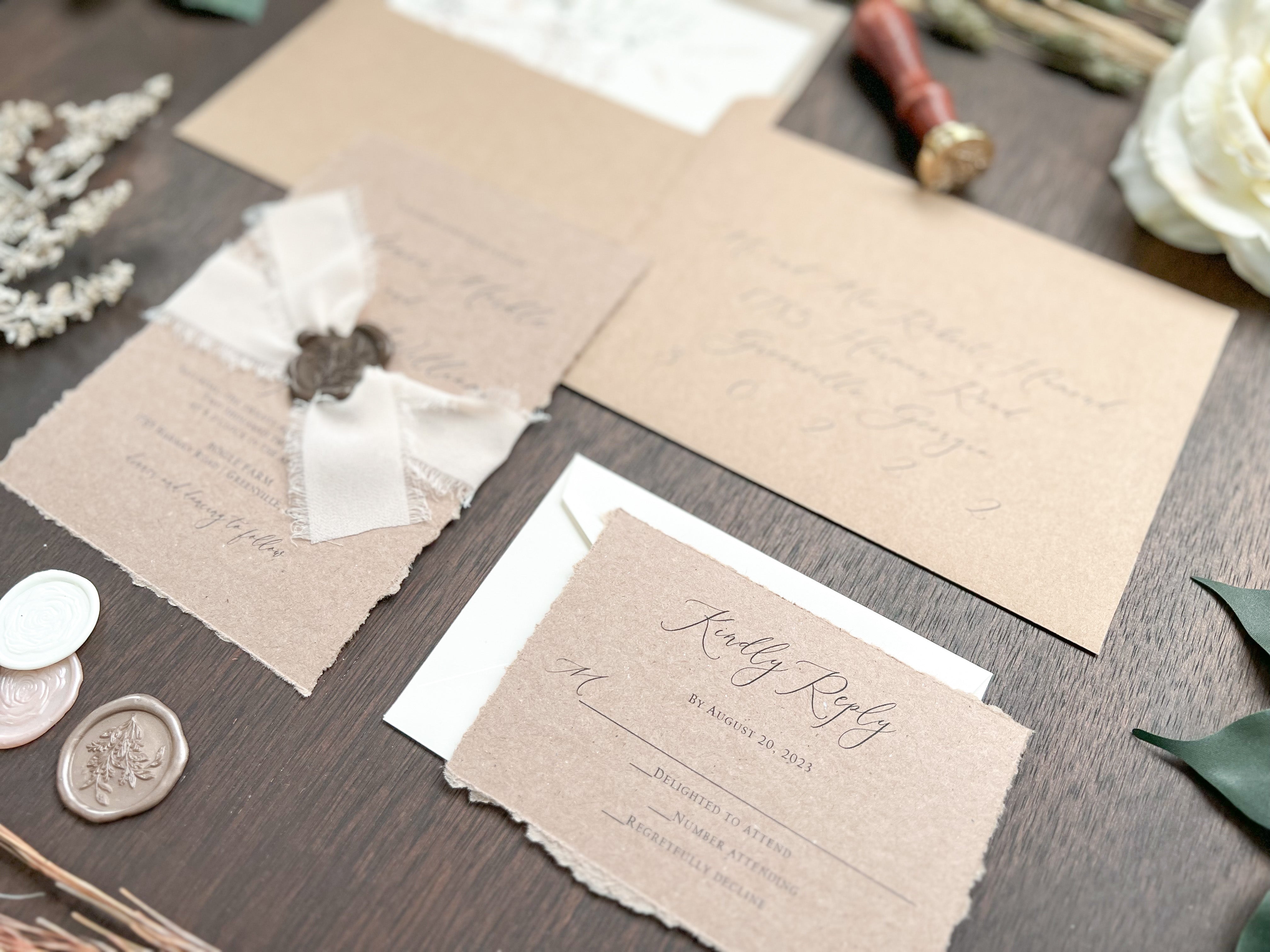 Rustic Elegant Wedding Invitation with Deckled Edging, Light Nude Chiffon Ribbon & Chocolate Wax Seal
