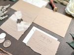 Rustic Elegant Wedding Invitation with Deckled Edging, Light Nude Chiffon Ribbon & Chocolate Wax Seal