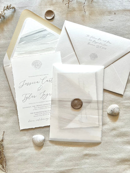 Beach Wedding Invitation with Vellum & Seashell Wax Seal