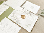 Greenery Wreath Wedding Invitation with Eucalyptus Vellum, Deckled Edging & Wax Seal