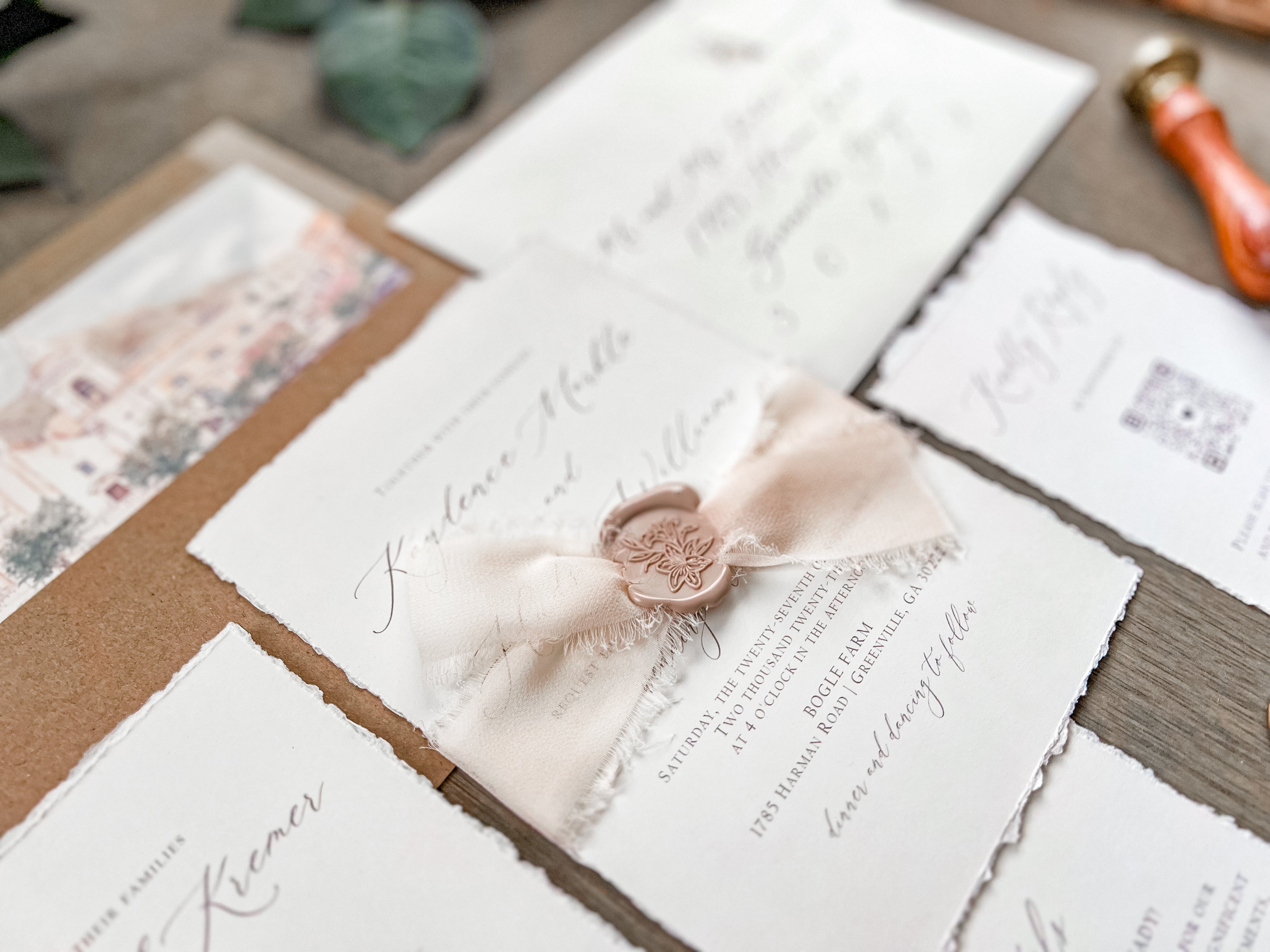 Neutral Wedding Invitation with Deckled Edging, Chiffon Ribbon and Nude Wax Seal