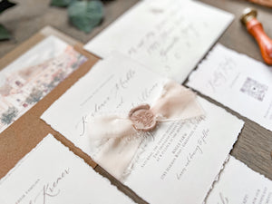 Neutral Wedding Invitation with Deckled Edging, Chiffon Ribbon and Nude Wax Seal