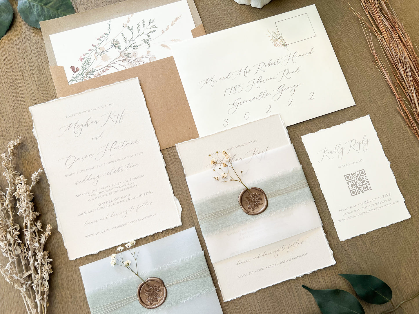 Muted Sage Green Wedding Invitation with Deckled Edging, Vellum Belly Band, Chiffon Ribbon, Dried Baby’s Breath and Wax Seal