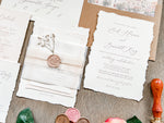 Neutral Wedding Invitation with Deckled Edging, Vellum Belly Band, Chiffon Ribbon, Dried Baby’s Breath and Wax Seal