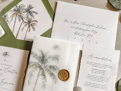 Tropical Wedding Invitation with Palm Tree, Vellum & Wax Seal