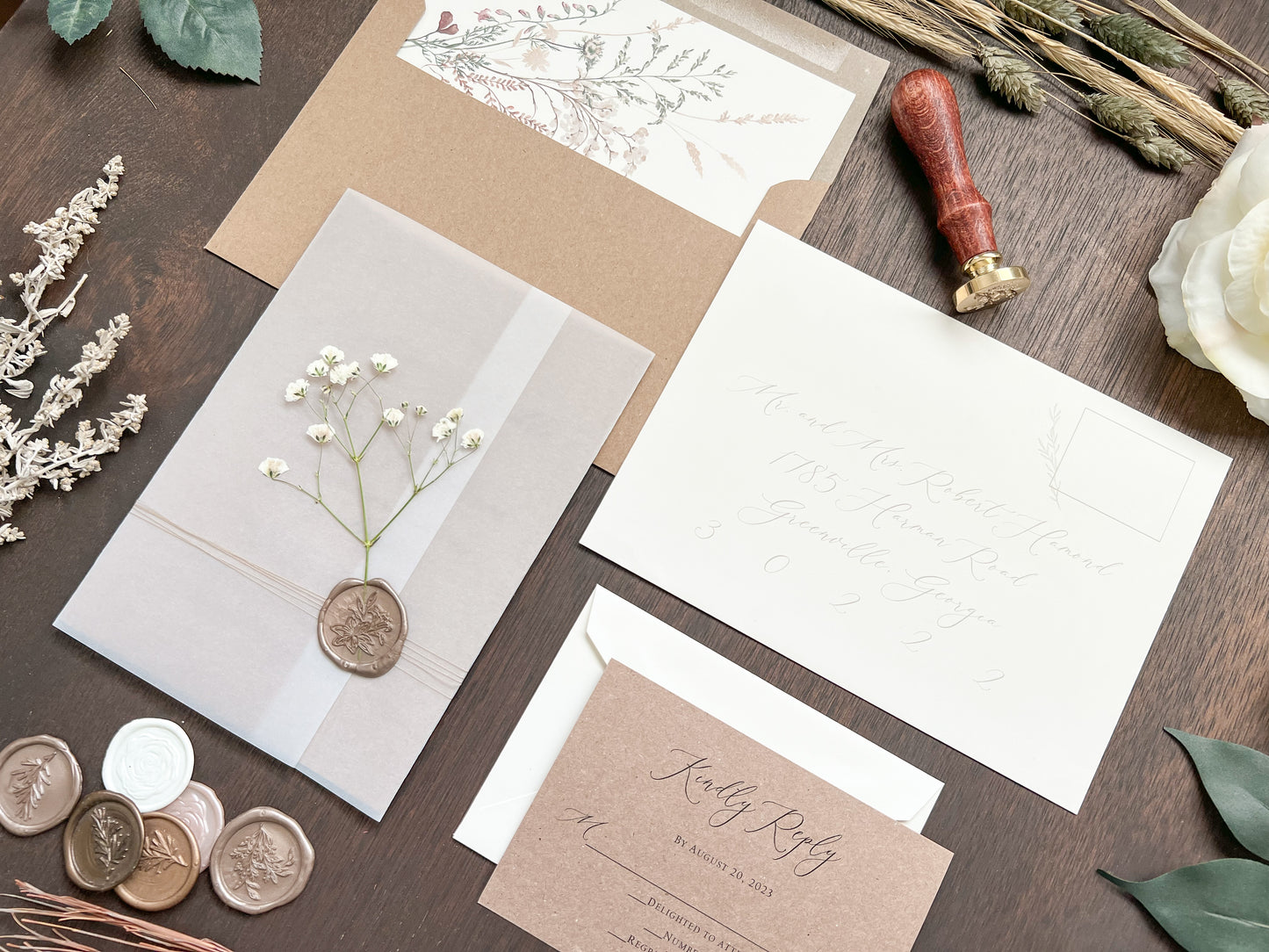 Rustic Baby’s Breath Wedding Invitation with Vellum Wrap and Wax Seal
