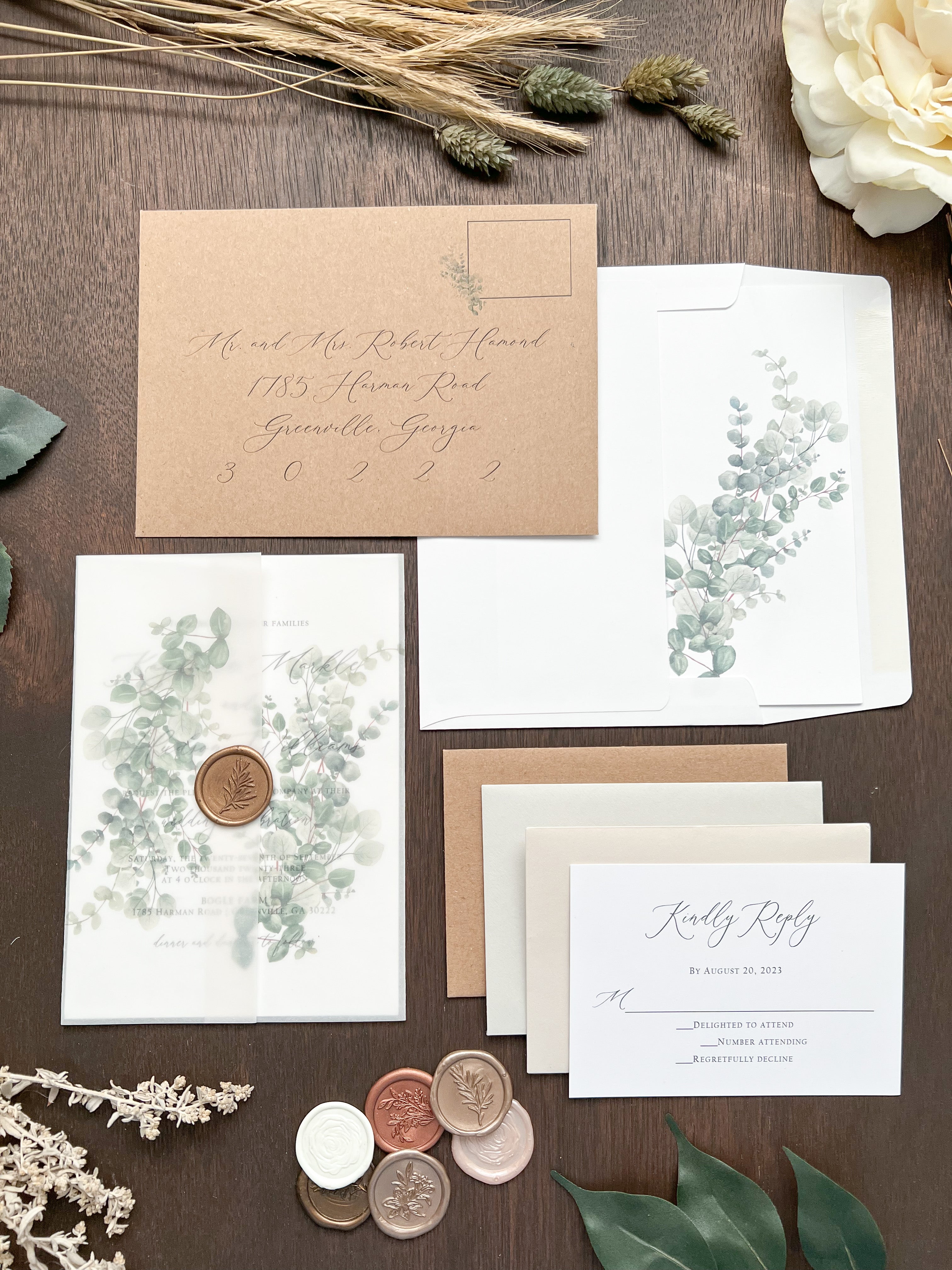 Eucalyptus Vellum Wedding Invitation with Antique Gold Wax Seal
