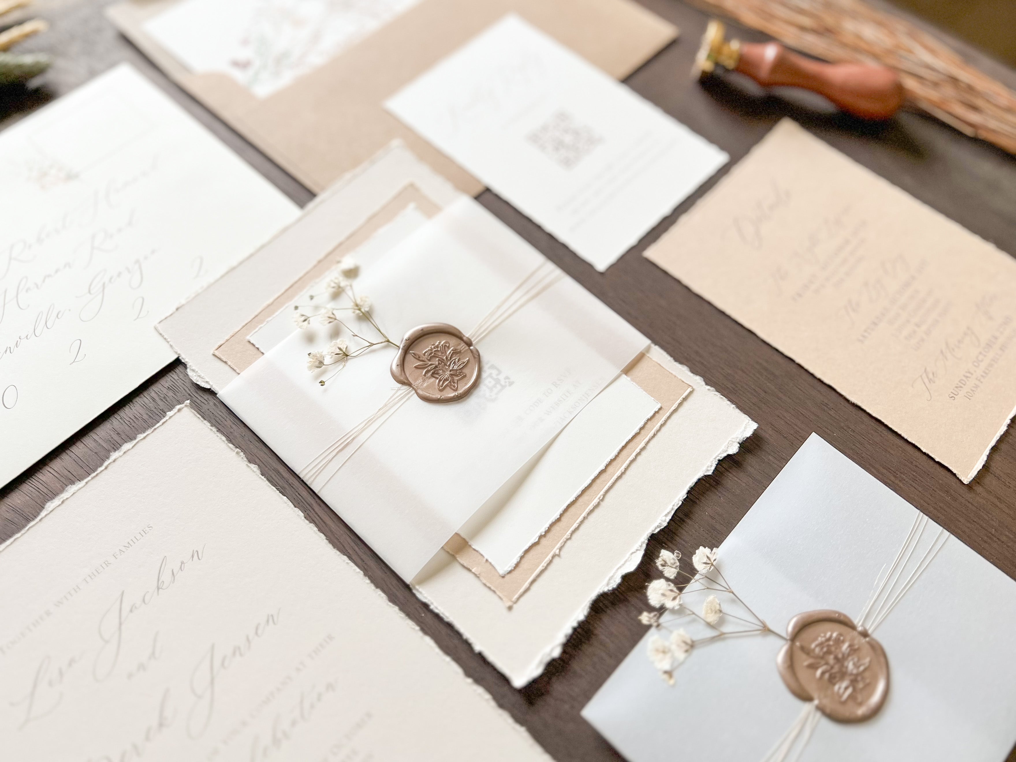 Elegant Beige Baby’s Breath Wedding Invitation with Deckled Edging, Vellum Belly Band and Wax Seal