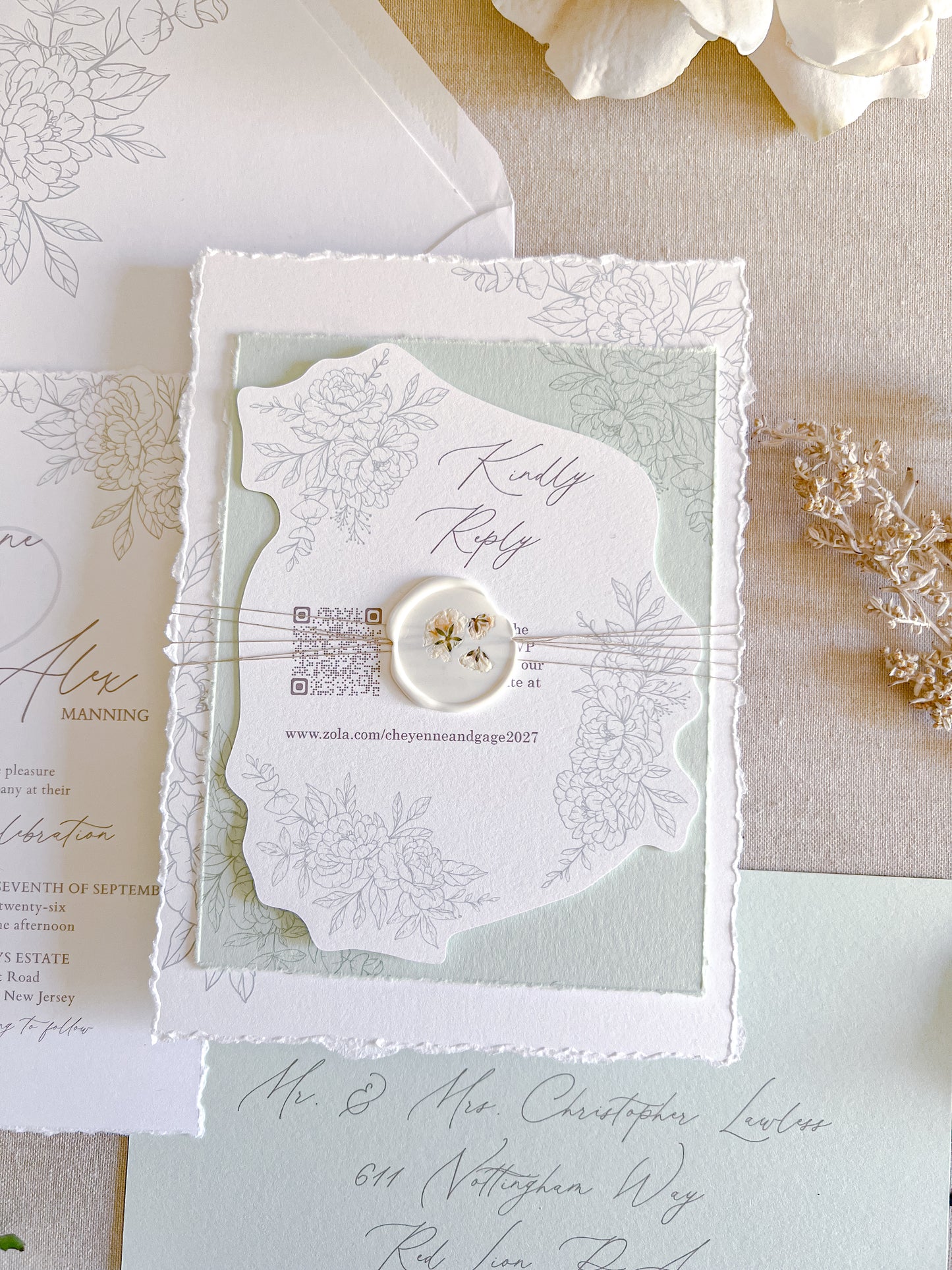 Floral Die Cut Wedding Invitation with Wax Seal