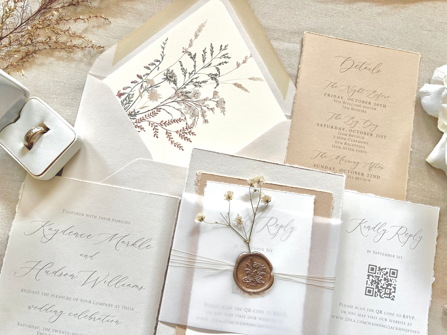 Neutral Baby’s Breath Wedding Invitation with Deckled Edging, Vellum and Wax Seal