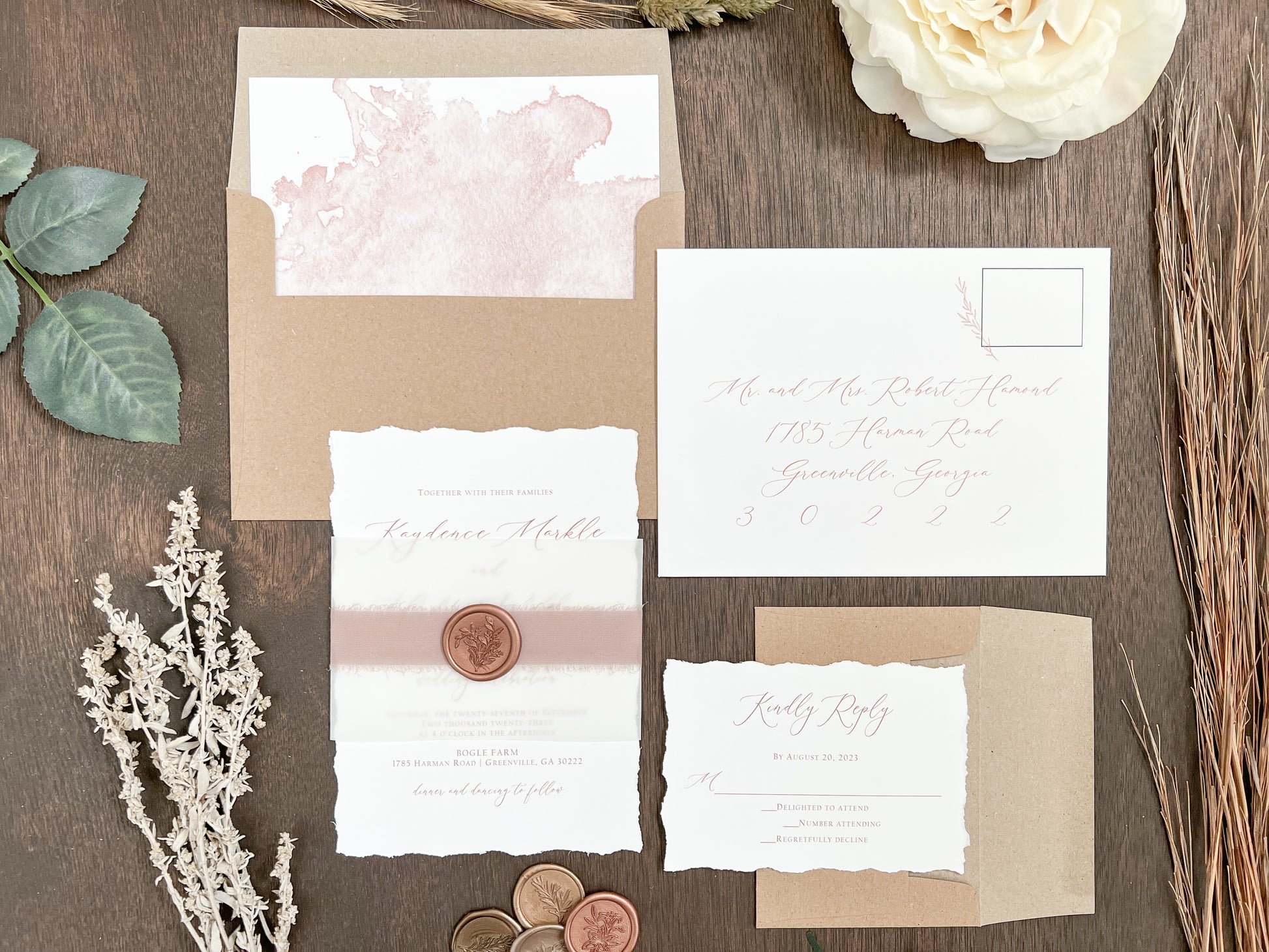 Copper Wedding Invitation with Deckled Edging, Vellum Belly Band, Chiffon Ribbon and Wax Seal