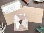 Rustic Elegant Wedding Invitation with Deckled Edging, Light Nude Chiffon Ribbon & Chocolate Wax Seal