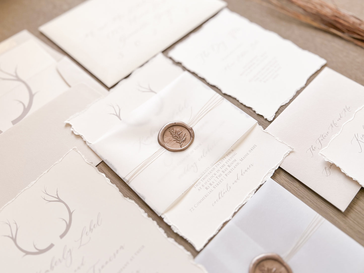 Antler Wedding Invitation with Deckled Edging, Vellum Belly Band and Wax Seal