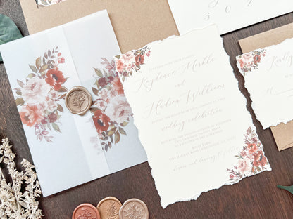 Copper & Rust Foliage Boho Wedding Invitation with Deckled Edging, Vellum & Wax Seal