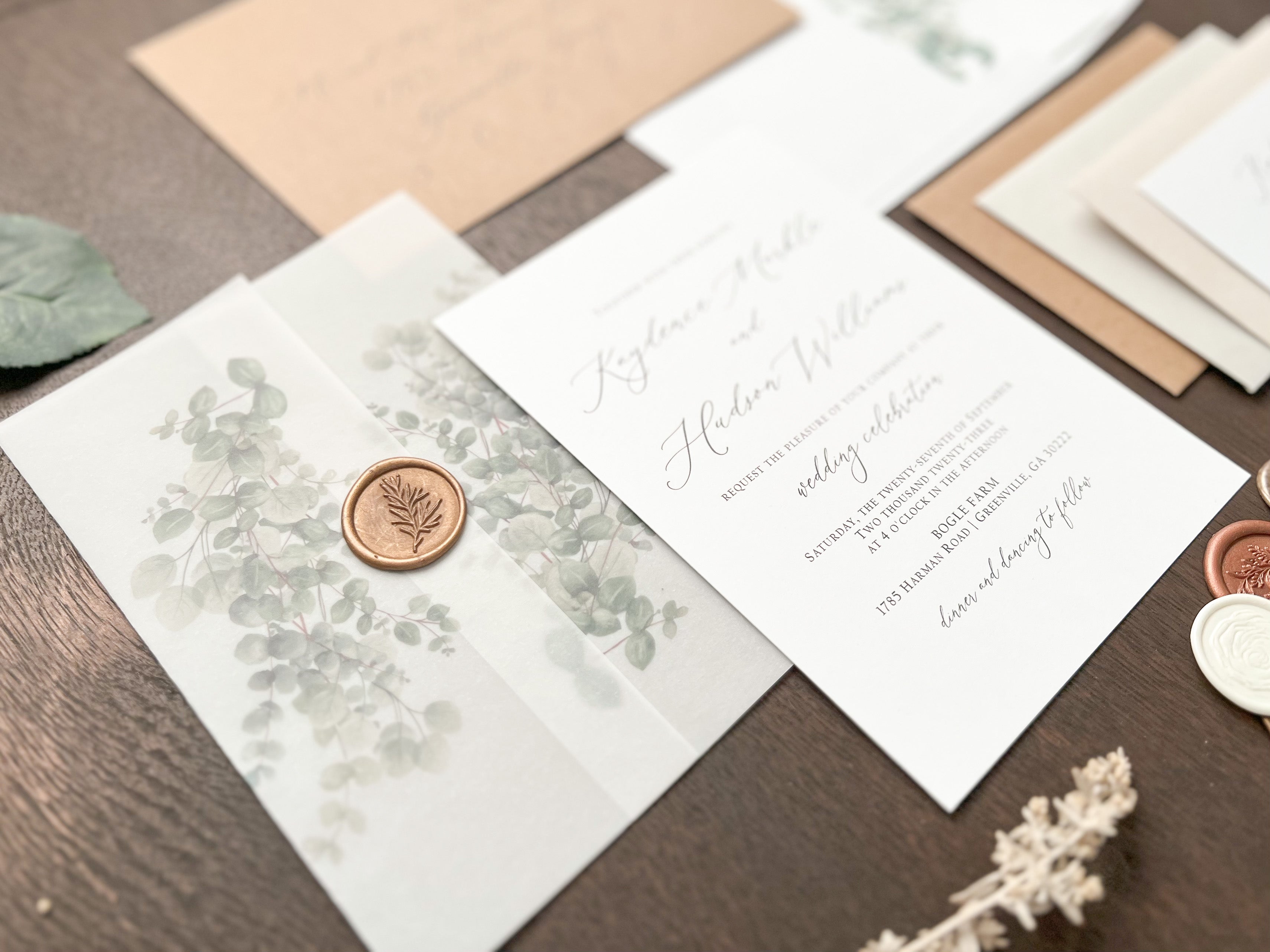 Eucalyptus Vellum Wedding Invitation with Antique Gold Wax Seal