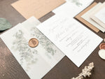 Eucalyptus Vellum Wedding Invitation with Antique Gold Wax Seal