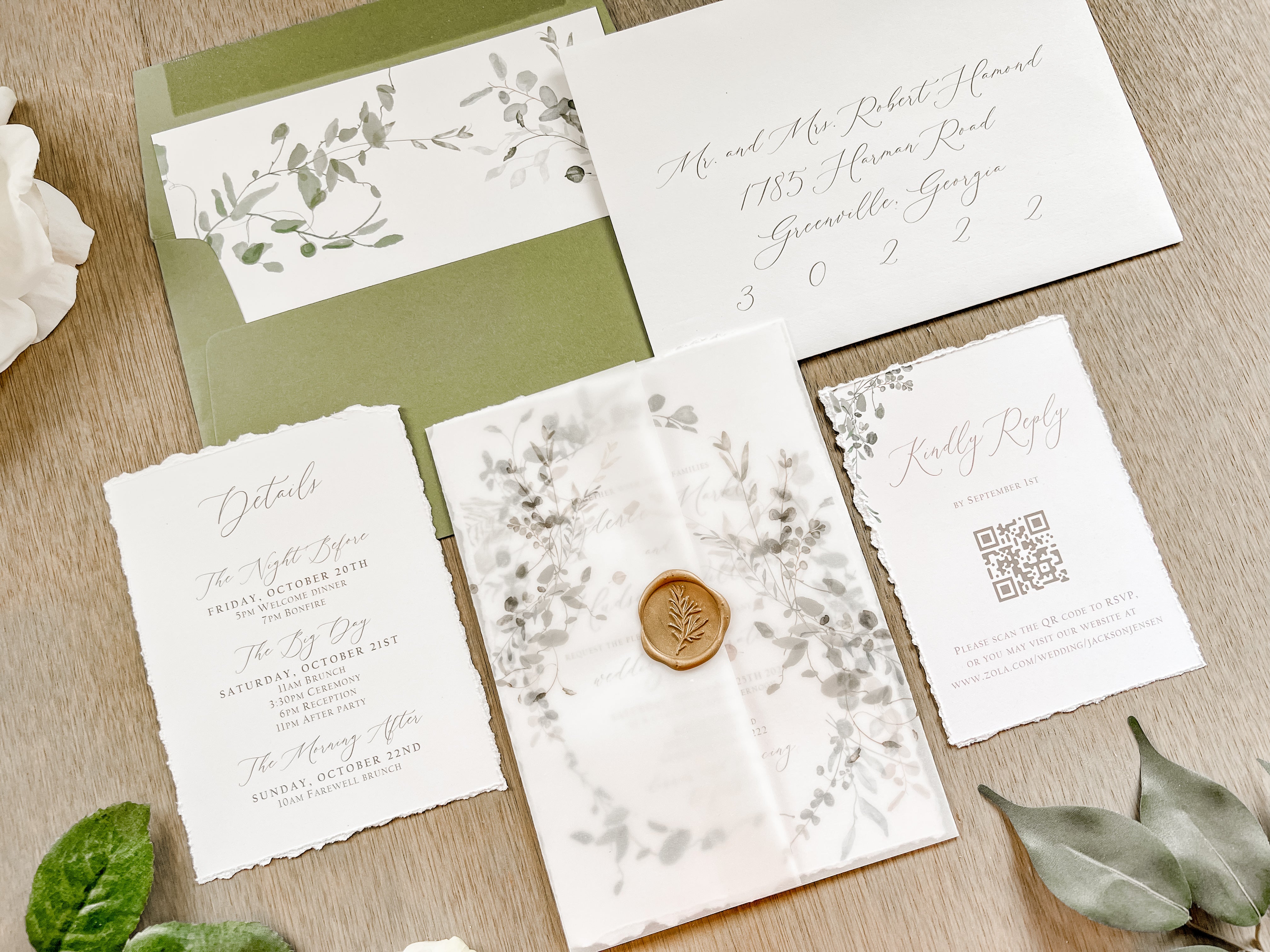 Greenery Wreath Wedding Invitation with Eucalyptus Vellum, Deckled Edging & Wax Seal