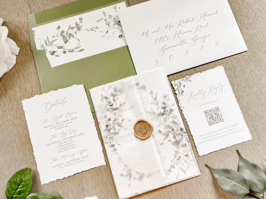 Greenery Wreath Wedding Invitation with Eucalyptus Vellum, Deckled Edging & Wax Seal