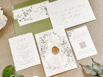 Greenery Wreath Wedding Invitation with Eucalyptus Vellum, Deckled Edging & Wax Seal