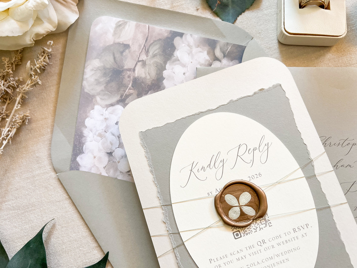 Hydrangea Wedding Invitation with Wax Seal