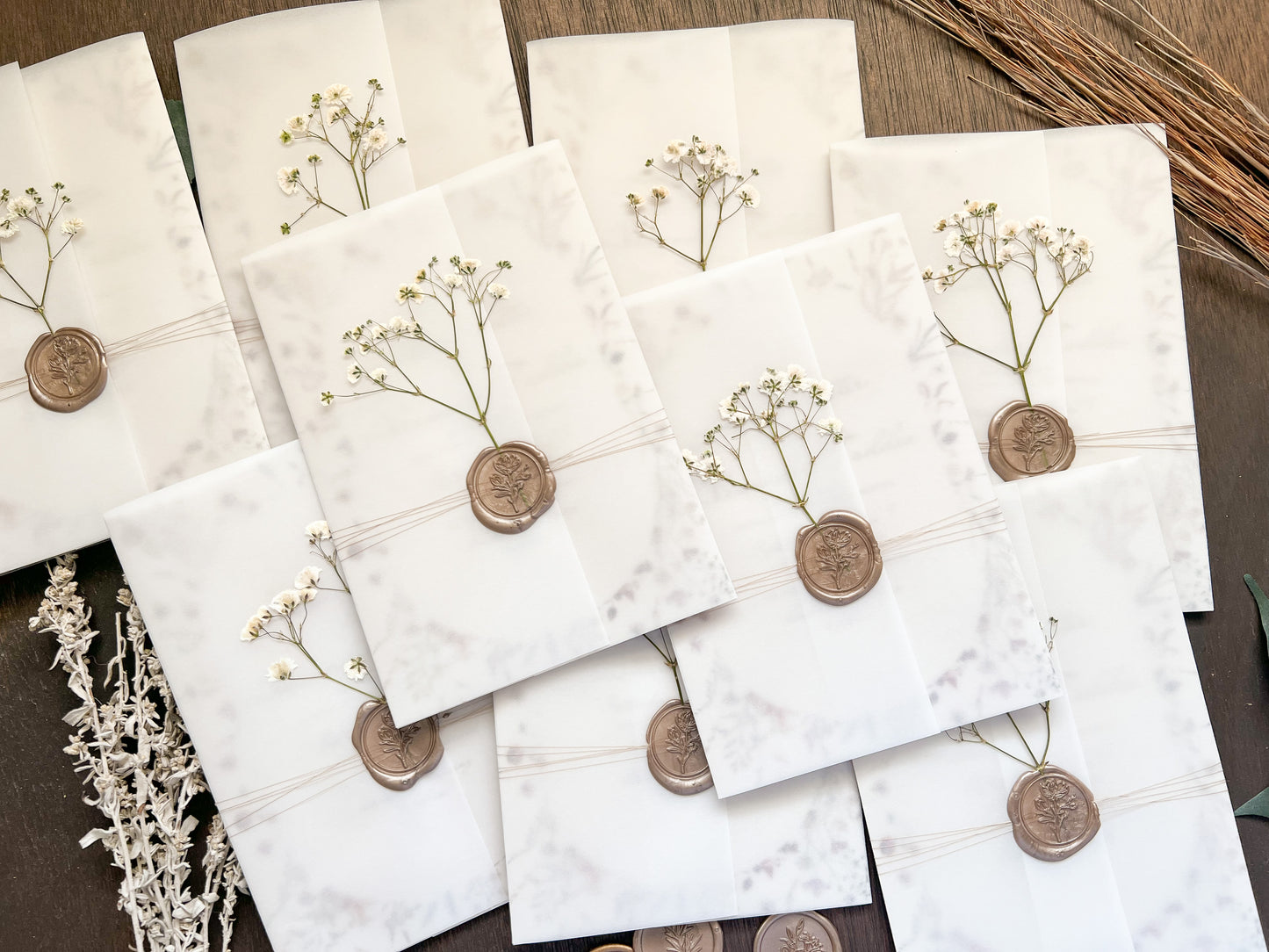 Baby’s Breath Wedding Invitation with Deckled Edging, Vellum Wrap and Wax Seal
