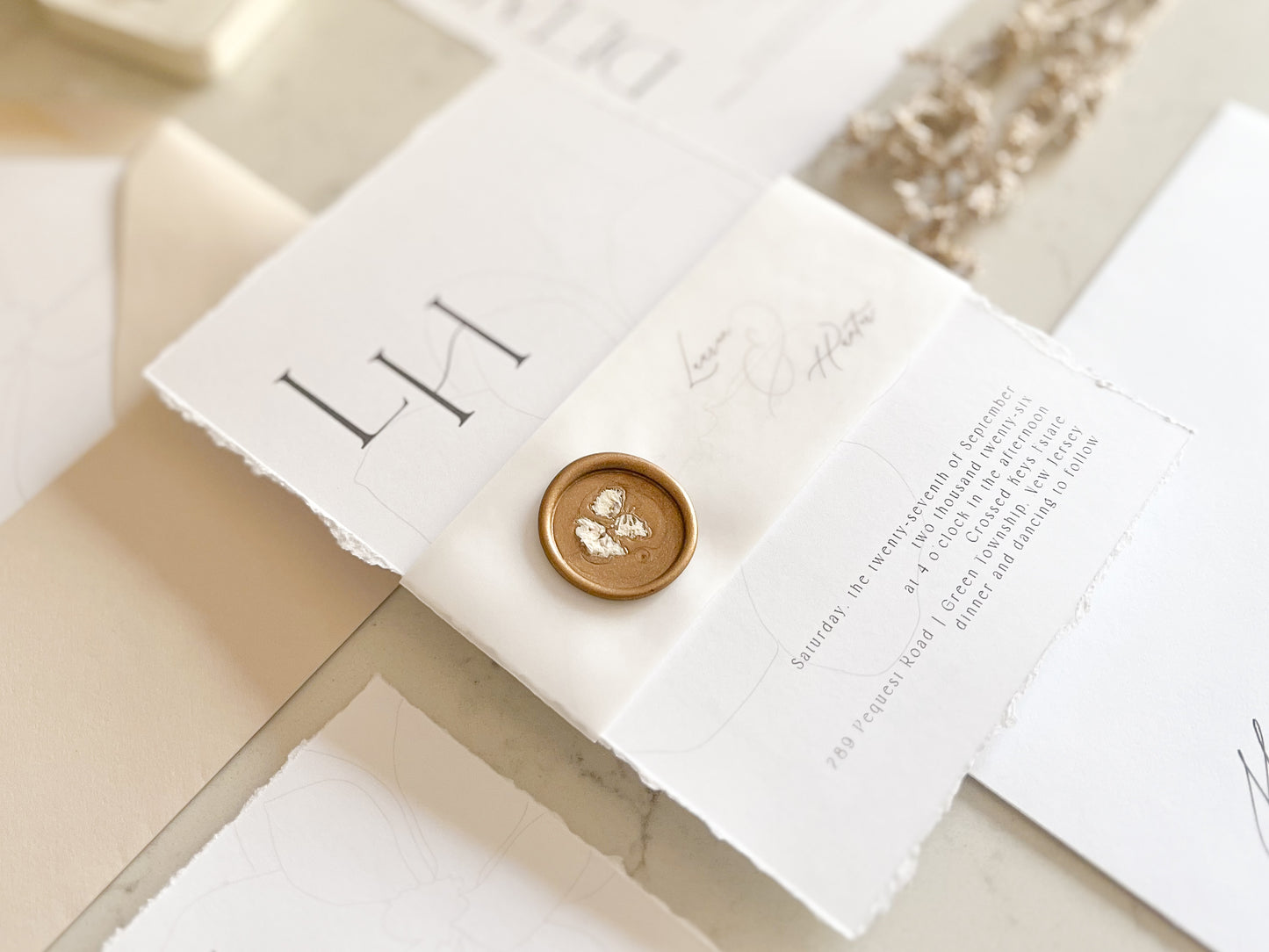 Modern Magnolia Wedding Invitation with Vellum & Wax seal