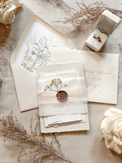 Neutral Wedding Invitation with Deckled Edging, Vellum Belly Band, Chiffon Ribbon