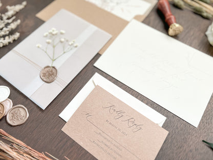 Rustic Baby’s Breath Wedding Invitation with Vellum Wrap and Wax Seal
