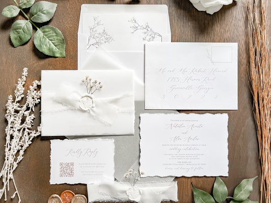 White Baby’s Breath Wedding Invitation with Deckled Edging, QR code RSVP, Vellum, Chiffon Ribbon and Wax Seal