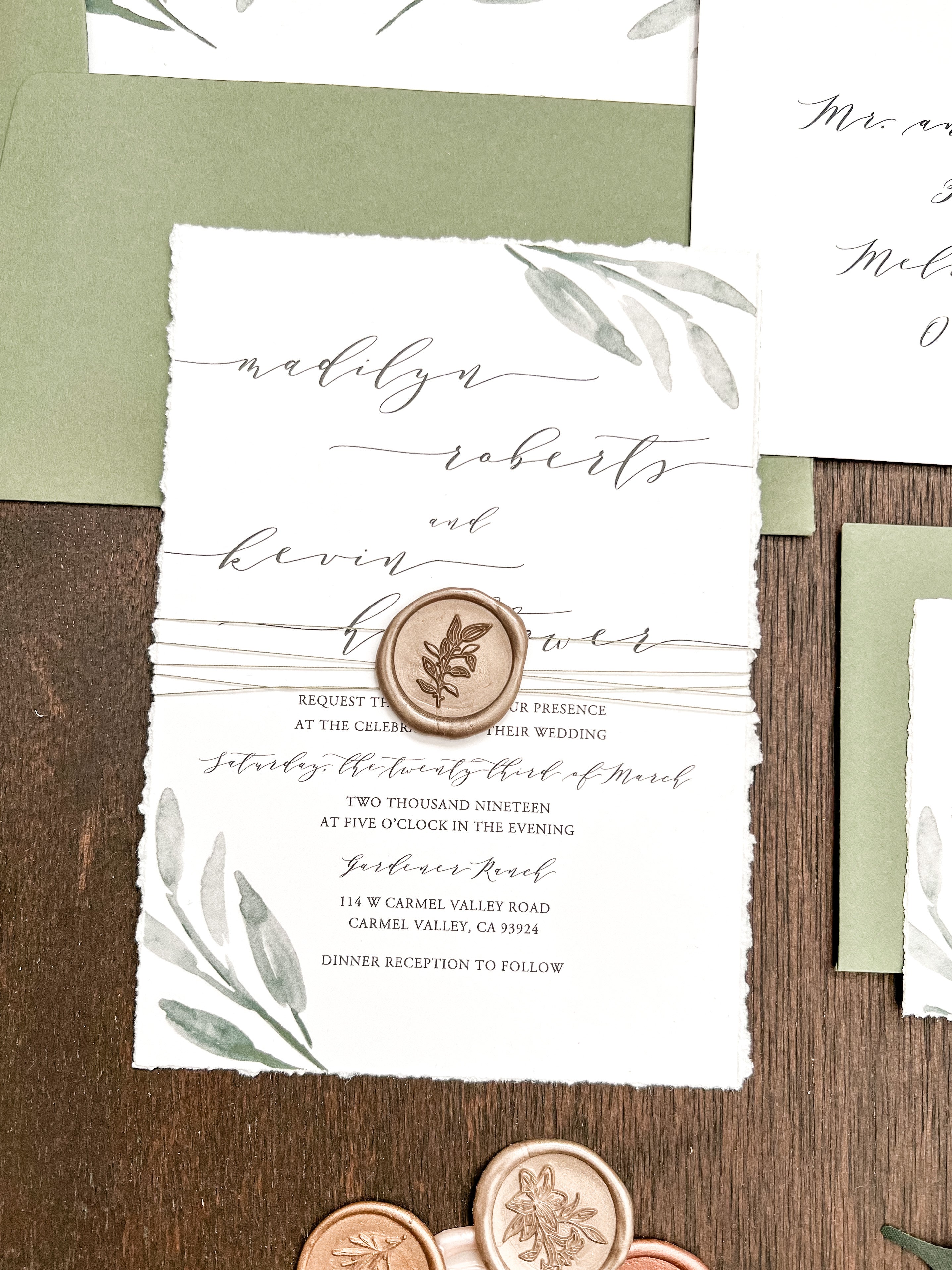 Greenery Deckled Edge Wedding Invitation with Wax Seal & Thread