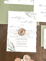 Greenery Deckled Edge Wedding Invitation with Wax Seal & Thread