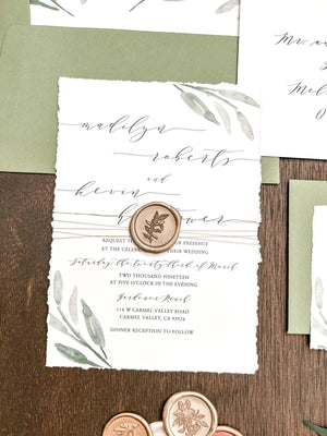 Greenery Deckled Edge Wedding Invitation with Wax Seal & Thread