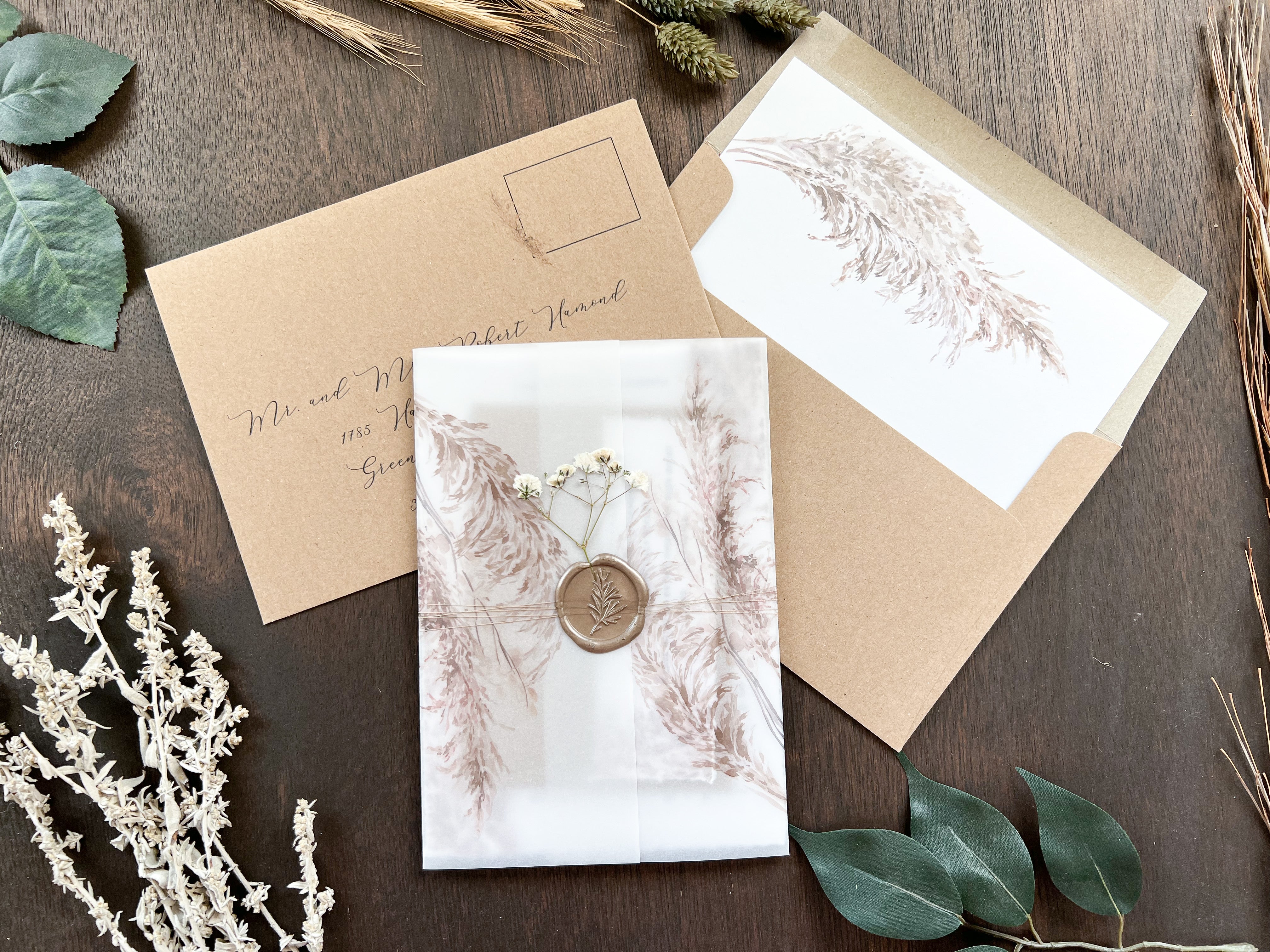 Pampas Grass and Baby’s Breath Wedding Invitation with Deckled Edge, Boho Vellum with Wax Seal