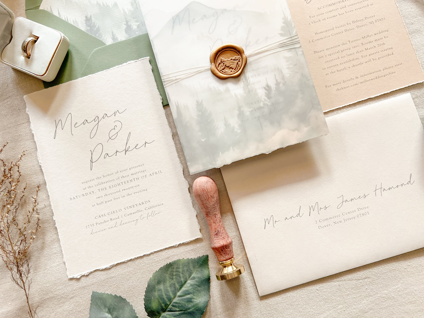 Mountain Wedding Invitation with Vellum, Deckled Edge & Wax Seal