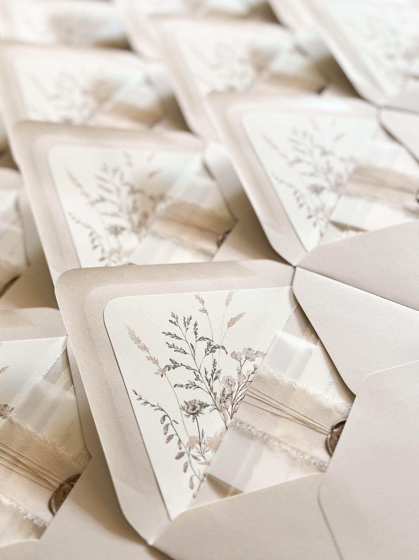 Neutral Wedding Invitation with Deckled Edging, Vellum Belly Band, Chiffon Ribbon