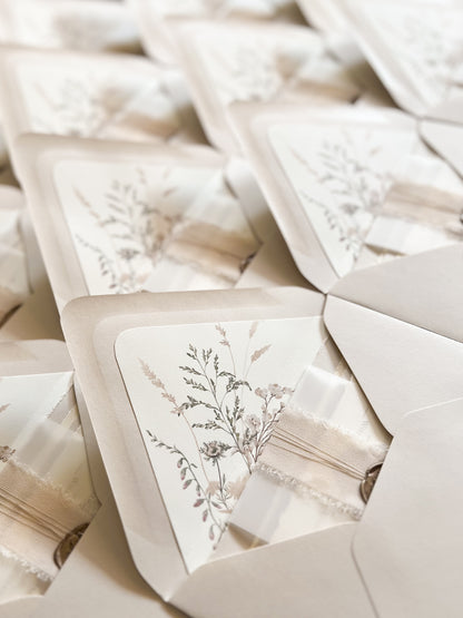 Neutral Wedding Invitation with Deckled Edging, Vellum Belly Band, Chiffon Ribbon